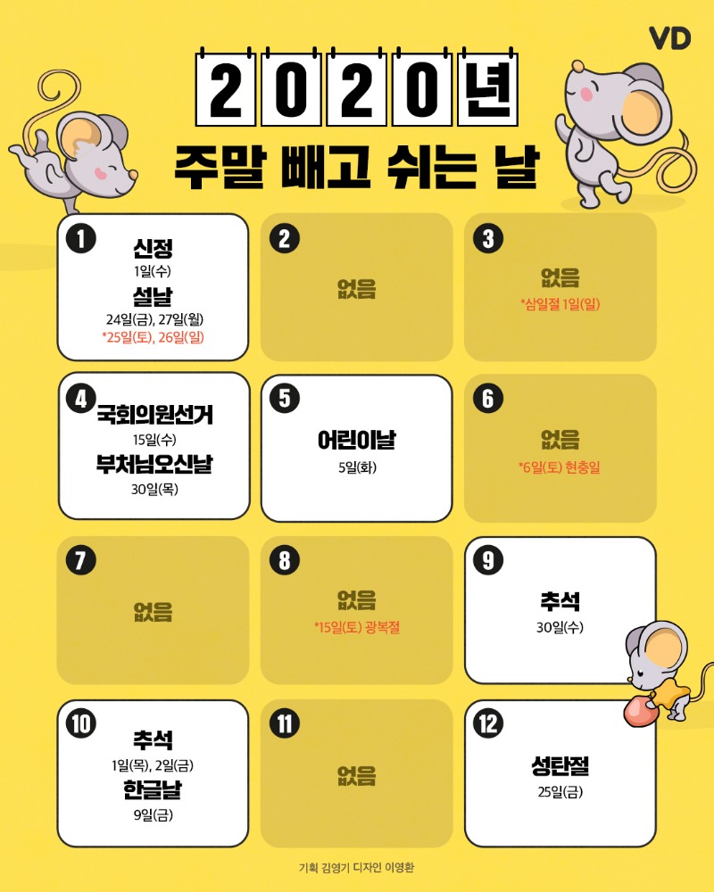 2020년 휴일 표